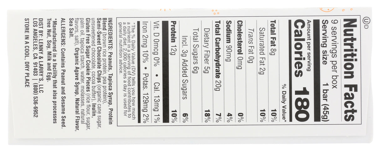 Lenny & Larry's, Cookie Filler Bar, Peanut Butter Chocolat Chip, 1.59 oz, Pack of 9