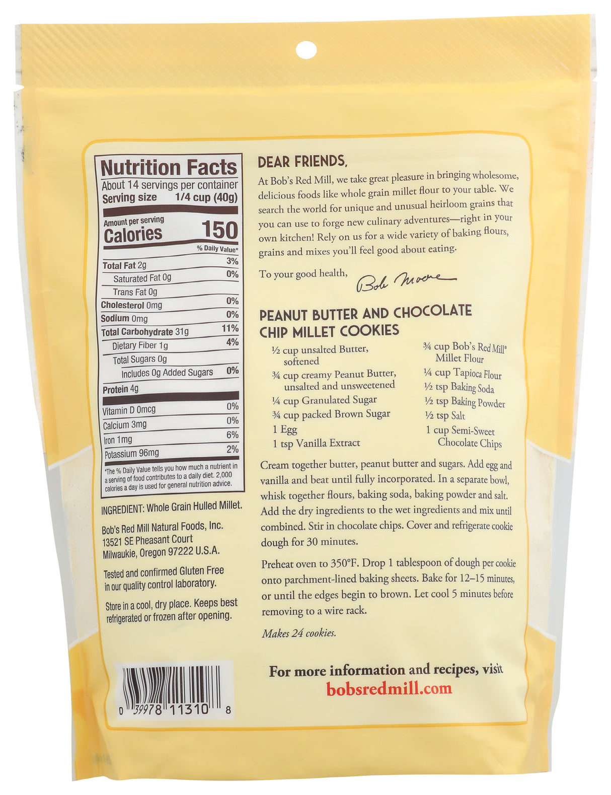 Bob's Red Mill Stone Ground Millet Flour, Whole Grain, Gluten Free & Non-GMO, 20 Oz (Pack of 4)