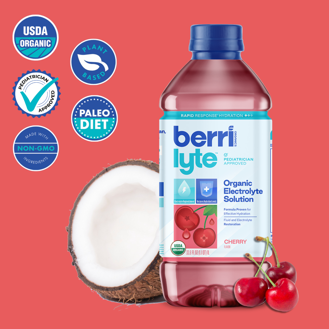 Berri Lyte  Organic Electrolyte Solution – Pediatric Rehydration Drink – Low Sugar Cherry Flavor, 1 L, 6 Pack