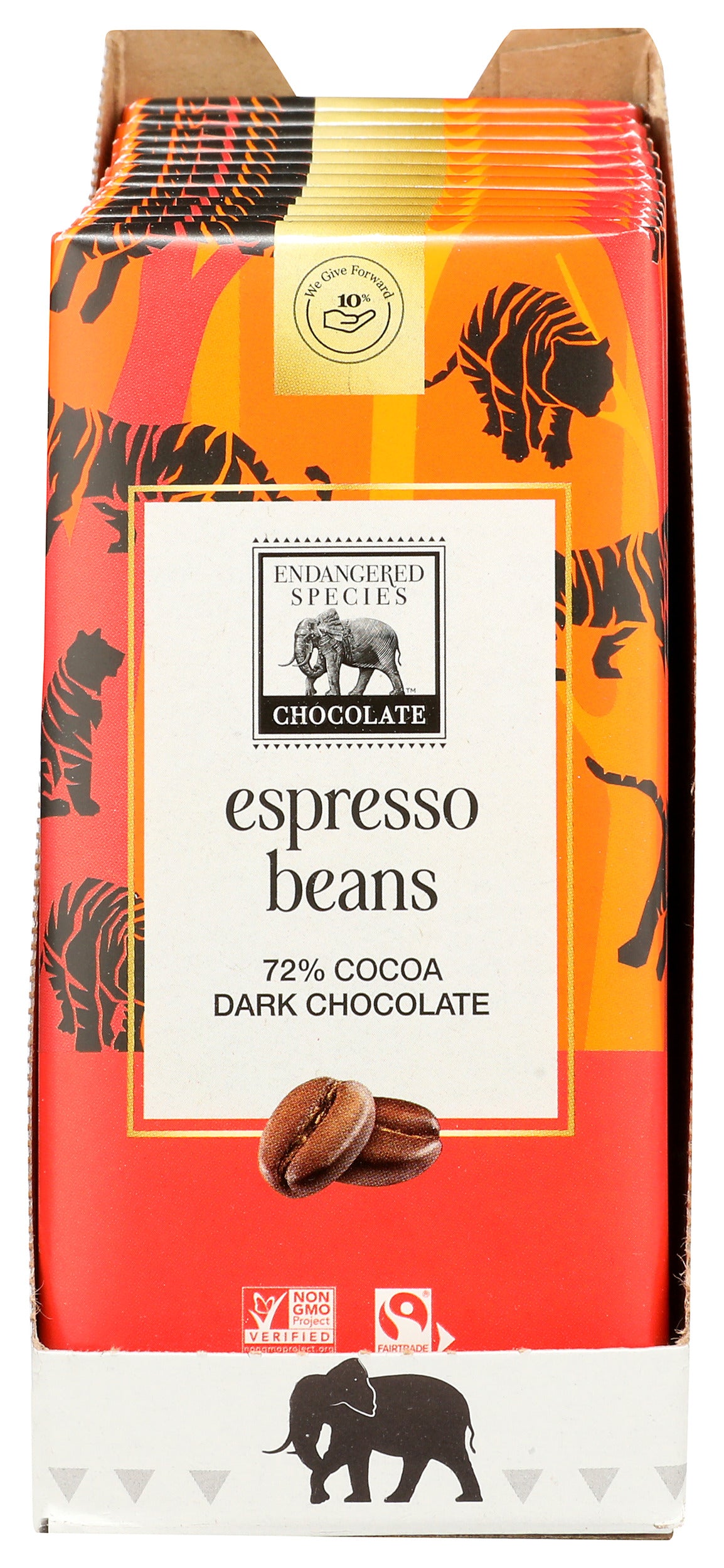 Endangered Species 72% Dark Chocolate Esppresso Beans Bar, 3 oz (Pack of 12)