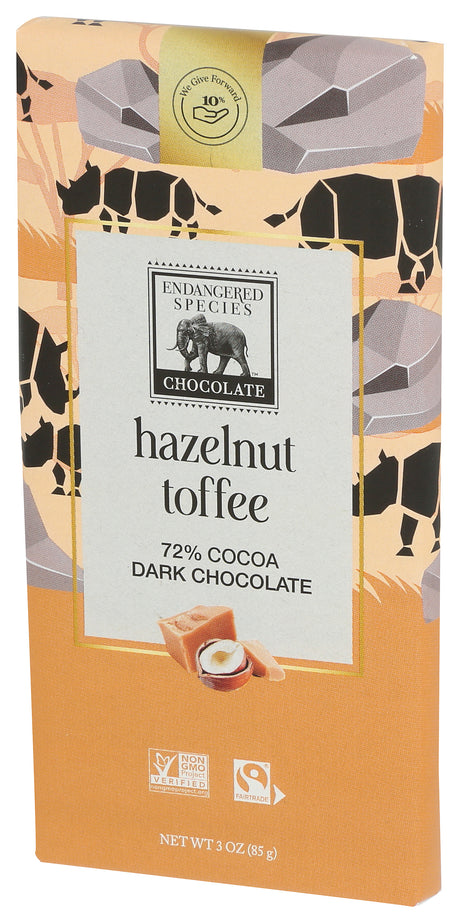 Endangered Species 72% Dark Chocolate Haxelnut Toffee Bar, 3 oz (Pack of 12)
