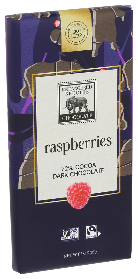 Endangered Species 72% Dark Chocolate Raspberries Bar, 3 oz (Pack of 12)
