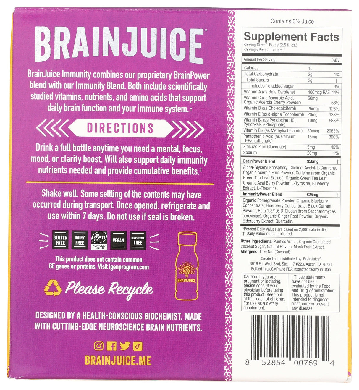 BrainJuice Immunity Pomegranate Acai 2.5 oz. Ready to Drink Supplement | 12-pack