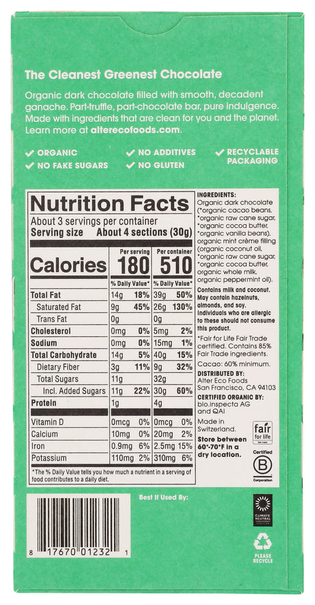 Alter Eco Organic Dark Chocolate Mint Crème Truffle Thins Bar, No Artificial Sweetener, 2.96 Ounce (Pack of 12)