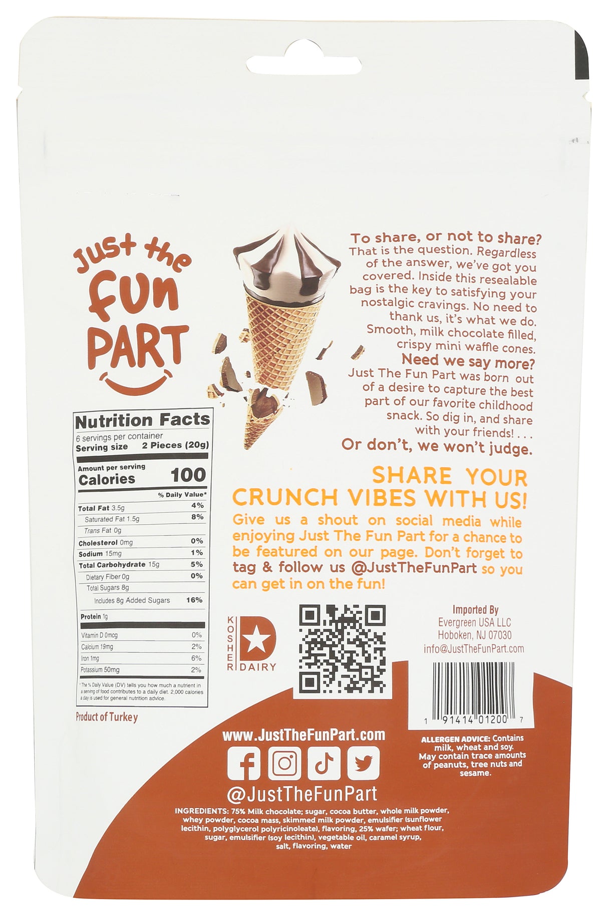 Just The Fun Part, Bite-Size Crispy Mini Waffle Cones with Premium Belgian Milk Chocolate, 4.23 Oz (Pack of 6)