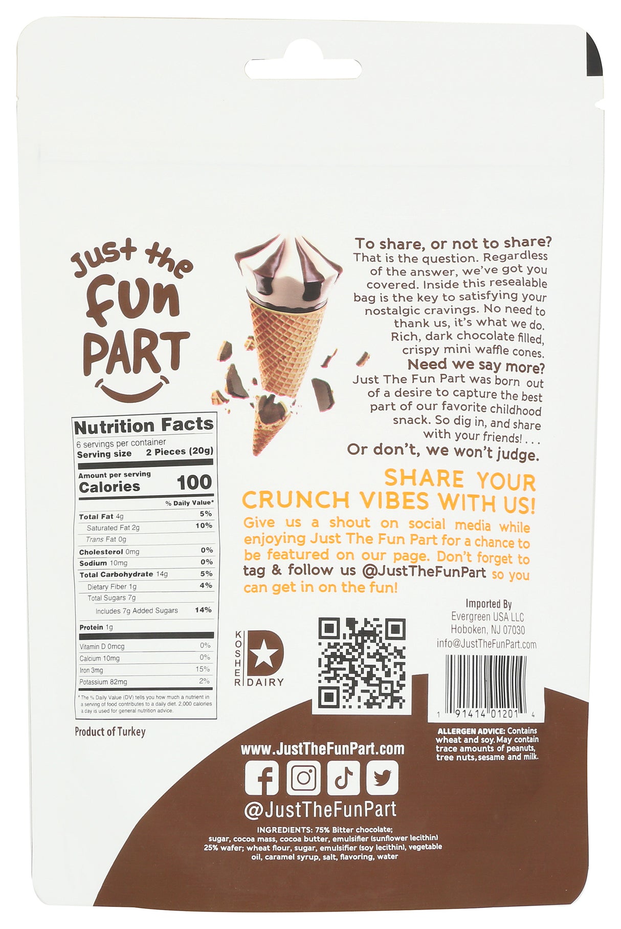 Just The Fun Part, Bite-Size Crispy Mini Waffle Cones with Premium Belgian Dark Chocolate, 4.23 Oz (Pack of 6)