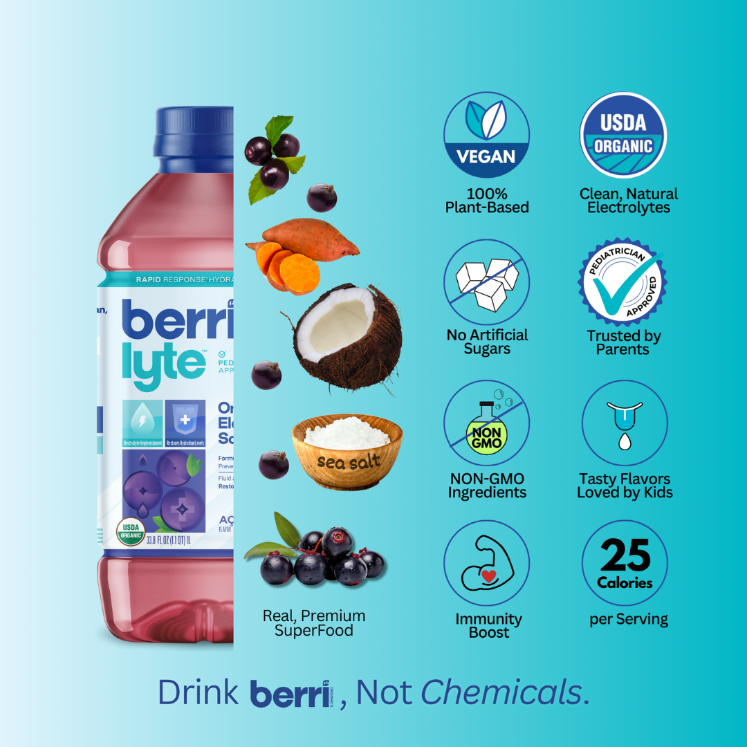 Berri Lyte  Organic Electrolyte Solution - Pediatric Rehydration Drink – Low Sugar Acai Berry Flavor, 1 L, 6 Pack